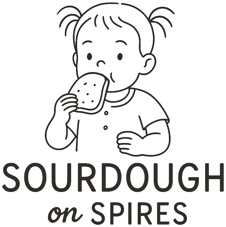 Sourdough on Spires logo: a little girl with pigtails eating a slice of bread